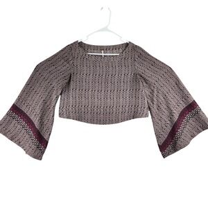 Free People Chevron Print Bell Sleeve Blouse Womens XS Taupe Boho Cropped Top
